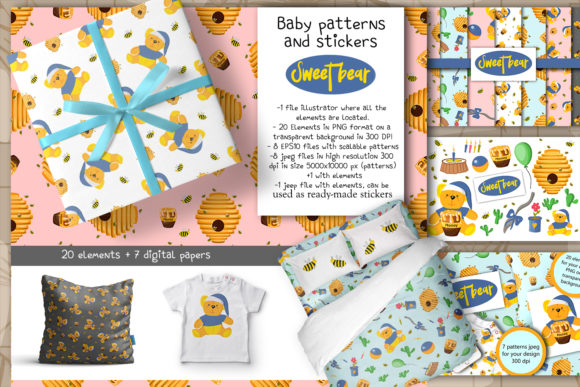 Download Sweet Bear. Baby Patterns and Stickers - Sweet bear Collection